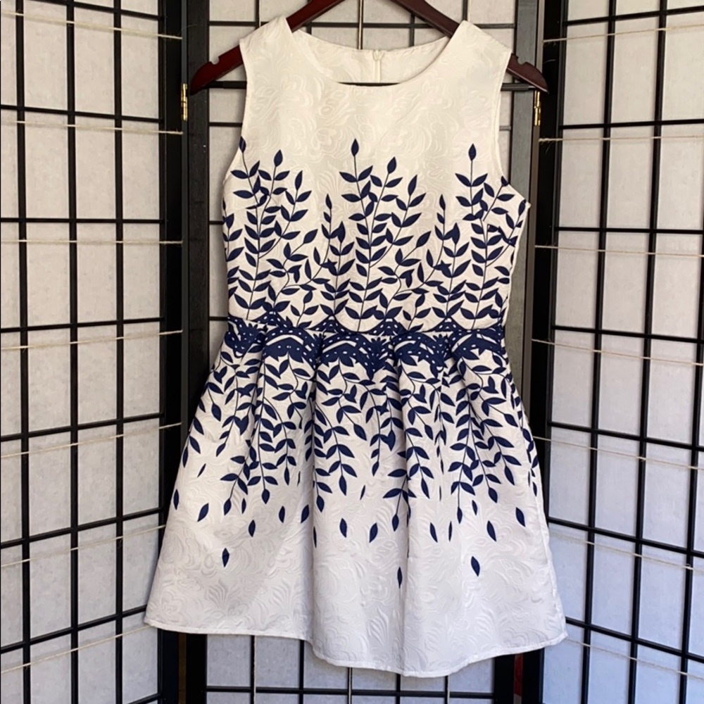 White short dress with Blue floral Pattern